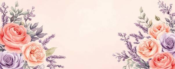 Pastel rose concept. A beautiful arrangement of roses and lavender against a soft pastel background.