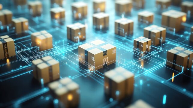 Network of cardboard boxes on digital circuit board.