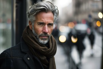 Obraz premium Portrait of a stylish mature man with grey hair and beard wearing a scarf in the city
