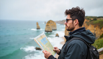 Tourist with a map in hand Man reading map at coastal cliffs with ocean view