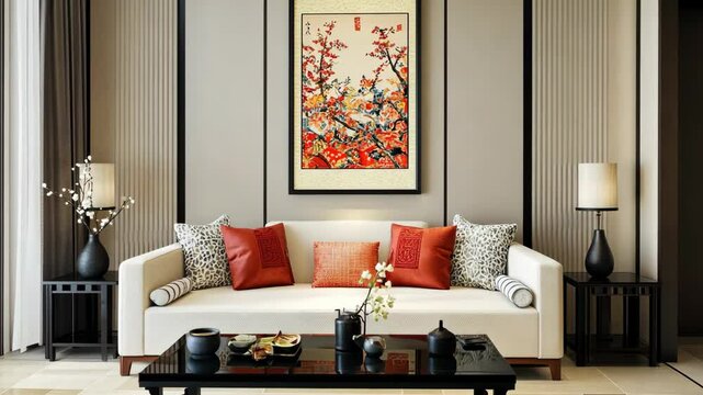 8h A living room with beige walls, a white sofa, and a pic