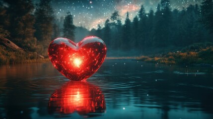 3D heart floating in water, reflection of the night sky and stars, cinematic, a red glow coming from inside the glowing dark crystal, forest background.