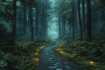 Obraz premium mysterious fog enveloping a dense forest, filled with towering trees, creating an ethereal atmosphere that invites exploration and whispers of enchantment amid the stillness