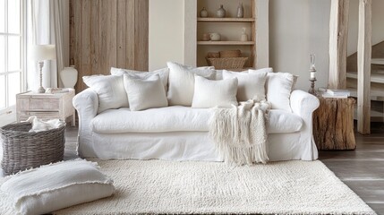 Relaxing Linen Sofa in a Rustic Living Room