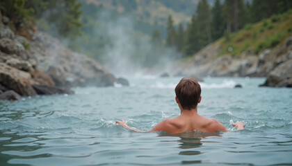 Traveler in a hot spring Man swimming in natural hot spring surrounded by mountains