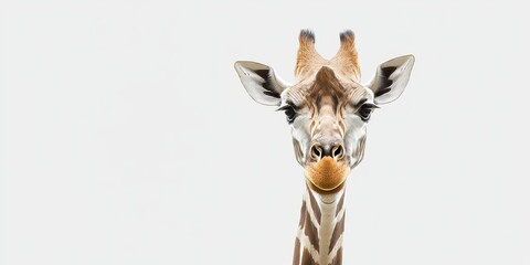 Obraz premium Portrait of a giraffe set against a plain white backdrop, highlighting its unique features and distinct appearance in a clear and unobstructed view.
