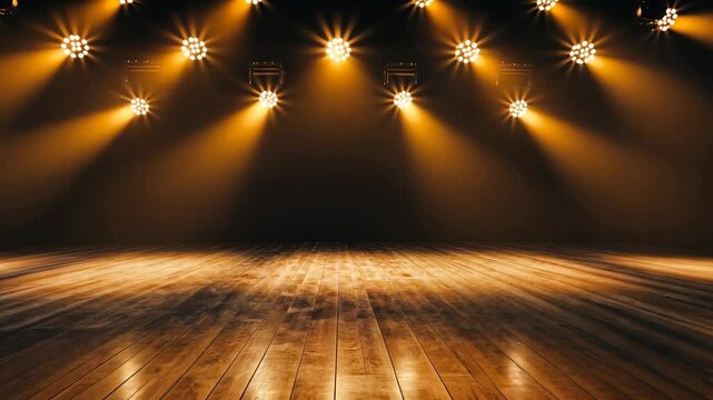 Bright stage lights illuminate a wooden floor in a performance venue during a live show