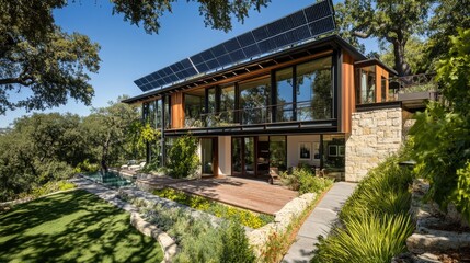 Naklejka premium Elegant house with solar panels and tree-shaded facade