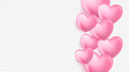 Pink hearts banner. Transparent background. Festive overlay template for Valentine's Day greetings or Wedding Day invitations. Vector illustration.