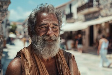 Portrait of a smiling old man with long white beard and brown clothes standing in a traditional greek village
