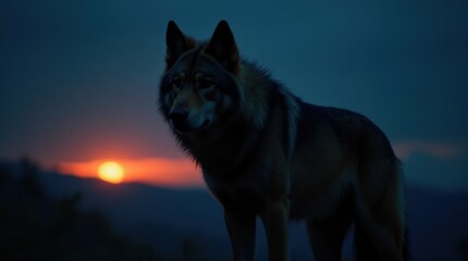 Fototapeta premium Wolf Silhouette Against Dark Blue Sky