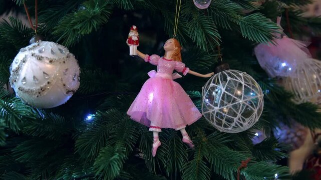 Christmas tree decorated with  the nutcracker toy. Close-up