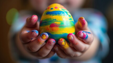 Child Hands Holding A Colorful Painted Easter Egg