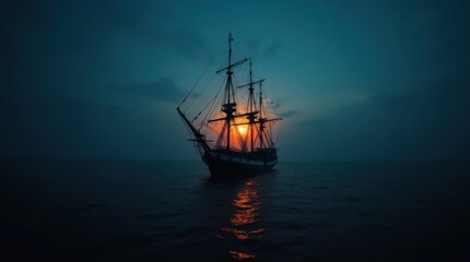 Fototapeta premium Silhouette of a Ship Against a Dark Blue Sky