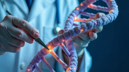 a geneticist in a white coat with scissors in his hands makes an incision in the dna spiral
