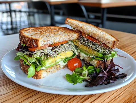 Savoring freshness avocado and sprouts sandwich in an urban oasis gourmet delight with natural ingredients and mixed greens