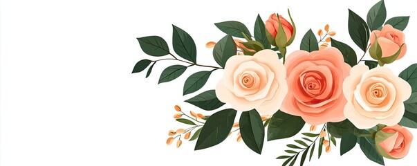 Pastel rose idea. A beautiful arrangement of delicate roses in soft colors and lush green leaves.