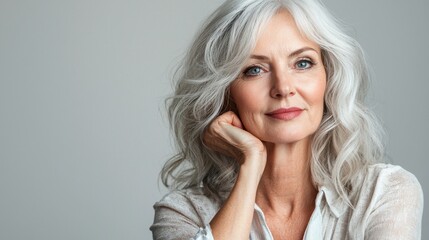 Naklejka premium Elegant portrait of a mature woman studio photography neutral background close-up beauty and confidence