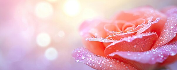 Pastel rose concept. A close-up of a beautiful rose with droplets glistening in soft natural light.