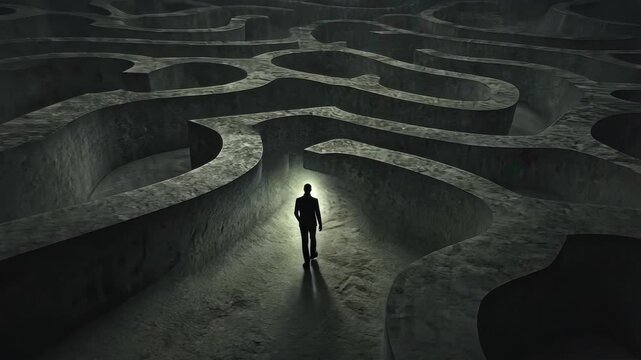 The study of the human brain and psyche, the concept of the work of a psychologist. surreal concept in dark tones, a man with a flashlight enters a huge maze in the form of convolutions of the human b