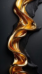 Obraz premium Glossy golden liquid fluidly draping over black textured surface, conveying elegance and luxury, ideal for cosmetics or high-end product branding.