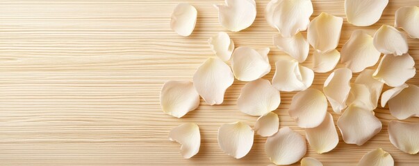 Pastel rose idea. Delicate white flower petals scattered on a wooden surface, adding elegance to any design.