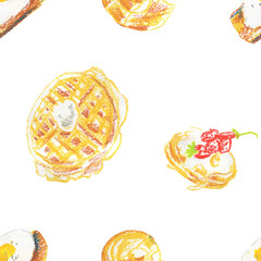 Breakfast wax crayons seamless pattern on white insulated background. Textural and food repeating pattern. Design for textiles, wrapping paper and wallpaper.