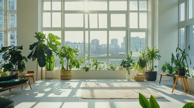 Sunlight fills the spacious, airy rooms. Biophilic design in a minimalist, white interior with plants. View of the city from the panoramic windows. Ecological, green and modern interior concept
