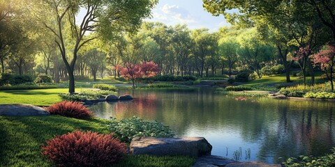 Fototapeta premium A stunning view of a tranquil pond, offering a captivating scene within the park, showcasing the serene beauty of nature and the peaceful ambiance created by the pond.