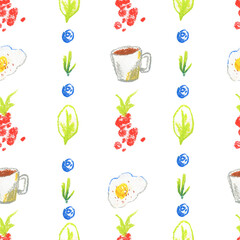 Breakfast wax crayons seamless pattern on white insulated background. Textural and food repeating pattern. Design for textiles, wrapping paper and wallpaper.