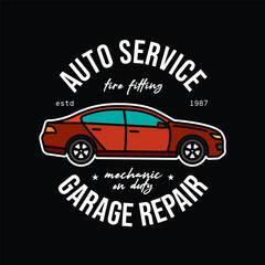 Fototapeta premium Car service emblem. Original vector illustration in vintage style. T-shirt design.