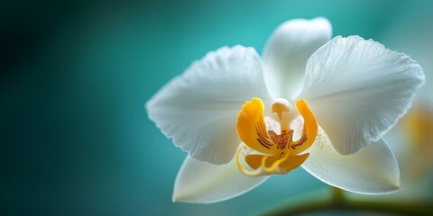 Fototapeta premium Macro close up of a delicate white yellow orchid flower, showcasing the intricate details and beauty of the orchid flower in vibrant colors, perfect for floral photography enthusiasts.