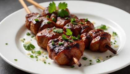 Bacon-wrapped Suya skewers in a savory style in brown and green colors for appetizing meals