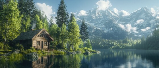 Wood cabin on the lake - log cabin surrounded by trees, mountains, and water in natural landscapes