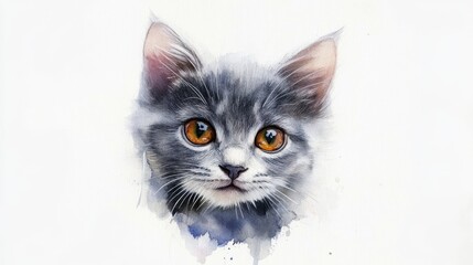 Gray Kitten Gazing Directly at the Camera Against a Watercolor Background..