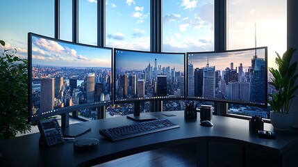 A professional home office with dual curved monitors displaying a virtual meeting and an agenda, a clean black desk with a wireless keyboard and mouse, and a vibrant cityscape view from the window.