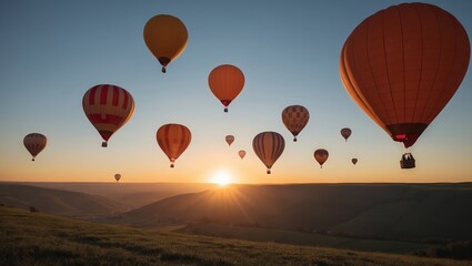 Obraz premium Colorful hot air balloons ascending in twilight sky, silhouetted against vibrant sunset, creating a tranquil atmosphere with scenic hills in the background.