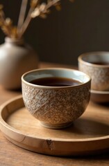 home decor inspiration in color of year 2025 tones, tea ceremony. closeup of mocha mousse ceramic tea set with detailed patterns, arranged on natural wooden tray. minimalistic, calming atmosphere.