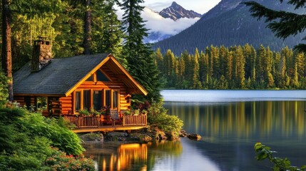Obraz premium Wood cabin on the lake - log cabin surrounded by trees, mountains, and water in natural landscapes