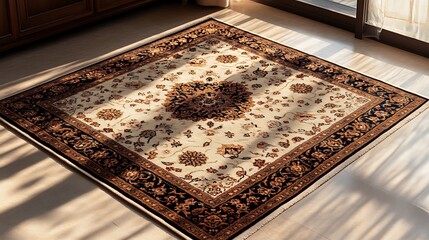 A traditional handwoven wool rug with earthy tones and intricate designs, elegantly arranged on a plain beige floor, with gentle lighting highlighting its craftsmanship, hd quality,