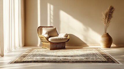 A traditional handwoven wool rug with earthy tones and intricate designs, elegantly arranged on a plain beige floor, with gentle lighting highlighting its craftsmanship, hd quality,