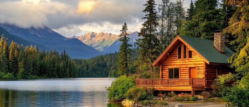 Wood cabin on the lake - log cabin surrounded by trees, mountains, and water in natural landscapes