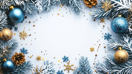 Festive Christmas Frame with Blue and Gold Ornaments, Snowflakes, and Pine Cones for Holiday Celebrations and Seasonal Decoration Ideas