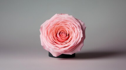Fototapeta premium Pastel rose idea. A beautiful, delicate pink rose against a soft gray background, showcasing its intricate petals.