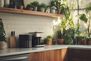 Modern Kitchen Appliances with Lush Greenery