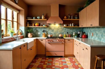 retro-inspired kitchen, vintage appliances, colorful tiling and cozy wooden furniture. nostalgic...