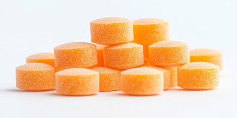 Isolated Vitamin C tablets displayed against a white background, showcasing the Vitamin C tablets vibrant color and design. These Vitamin C tablets are perfect for health and wellness imagery.