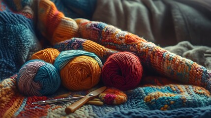 A vibrant woolen scene with rolls of yarn in bold colors, a half-finished blanket, and knitting tools casually arranged on a textured fabric backdrop, soft lighting emphasizing textures and shadows,