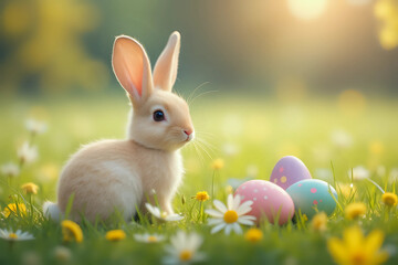 Sugar rabbit and easter eggs on meadow.