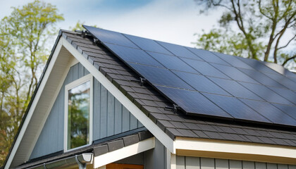 Fototapeta premium Close-up of new suburban house with a photovoltaic system on the roof. Modern eco friendly passive house with solar panels on the gable roof, with sunlight in the afternoon vibes